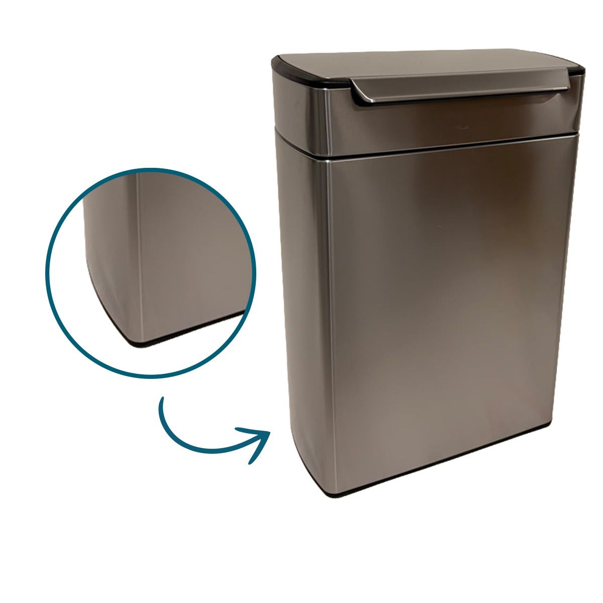 Simplehuman afvalemmer Touch Bar Recycler 24+24 liter RVS B-keus deukje voorkant