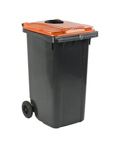 Afvalcontainer 240 liter grijs met oranje deksel, glasrozet, driekantslot