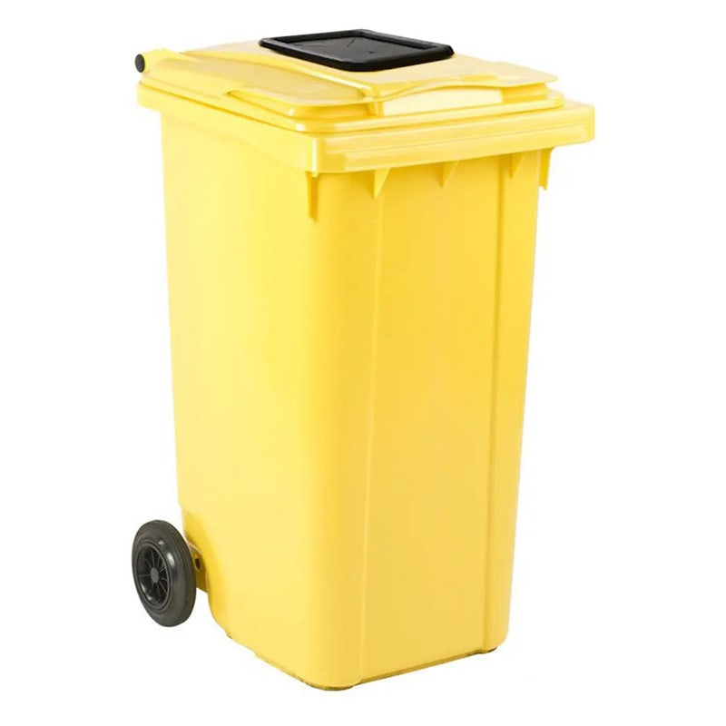 Gele container 240 liter met rechthoekig glasrozet 