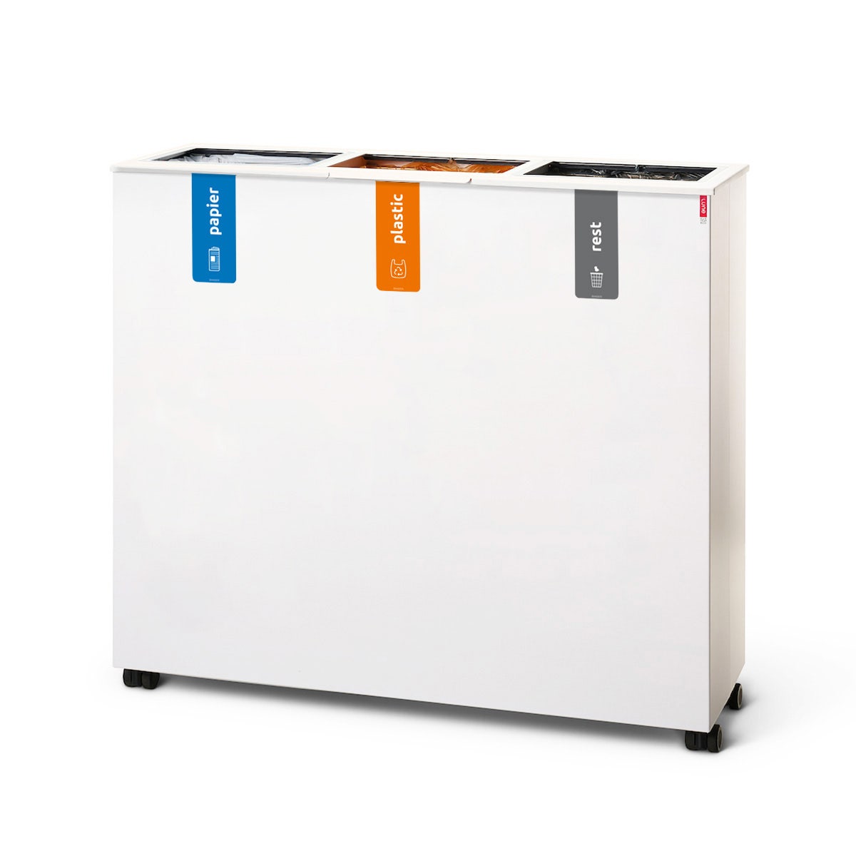 Switch afvalbak 3x60 liter wit met stalen deksel voorzien van stickers papier-plastic-rest