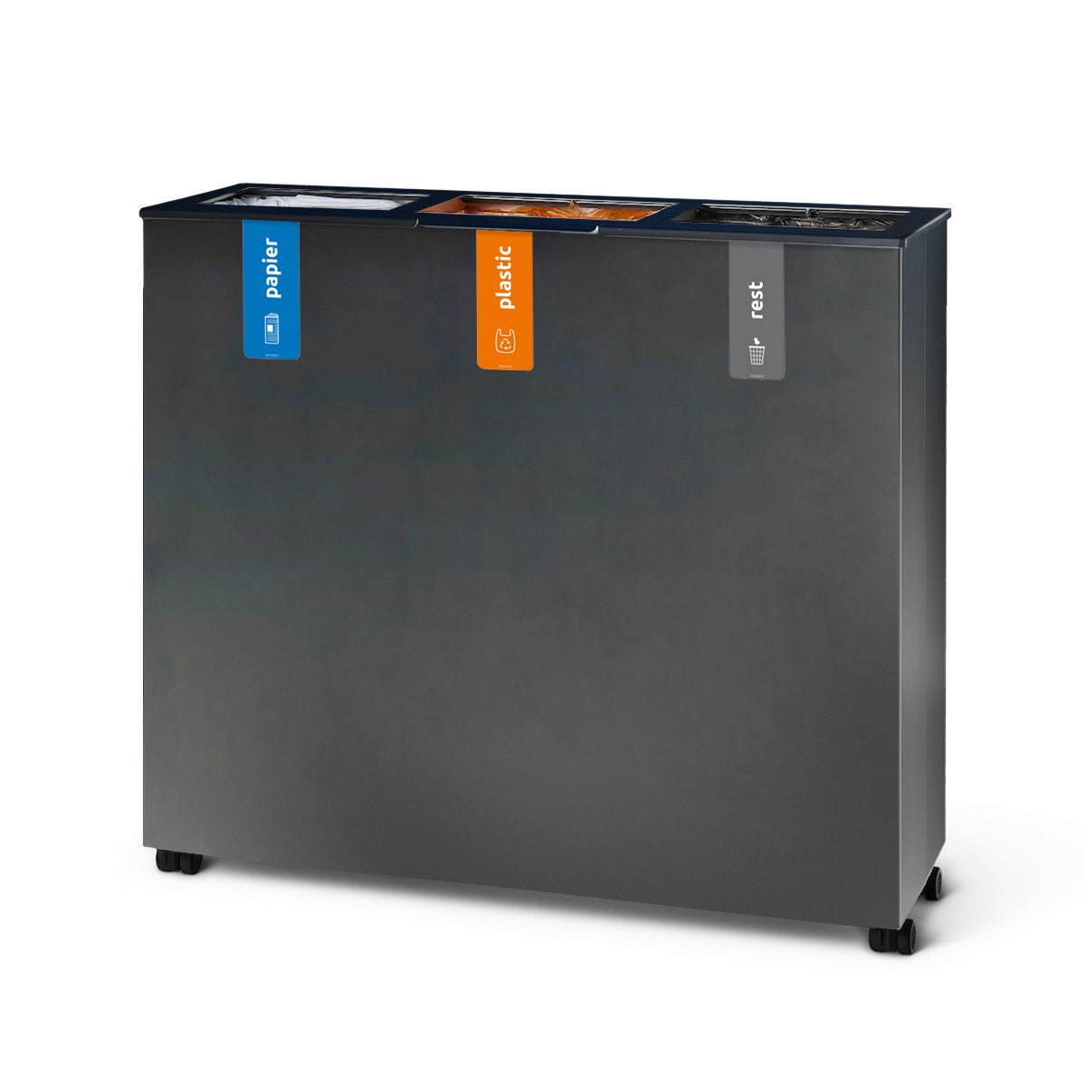 Switch afvalbak 3x60 liter antraciet met stalen deksel voorzien van stickers papier-plastic-rest