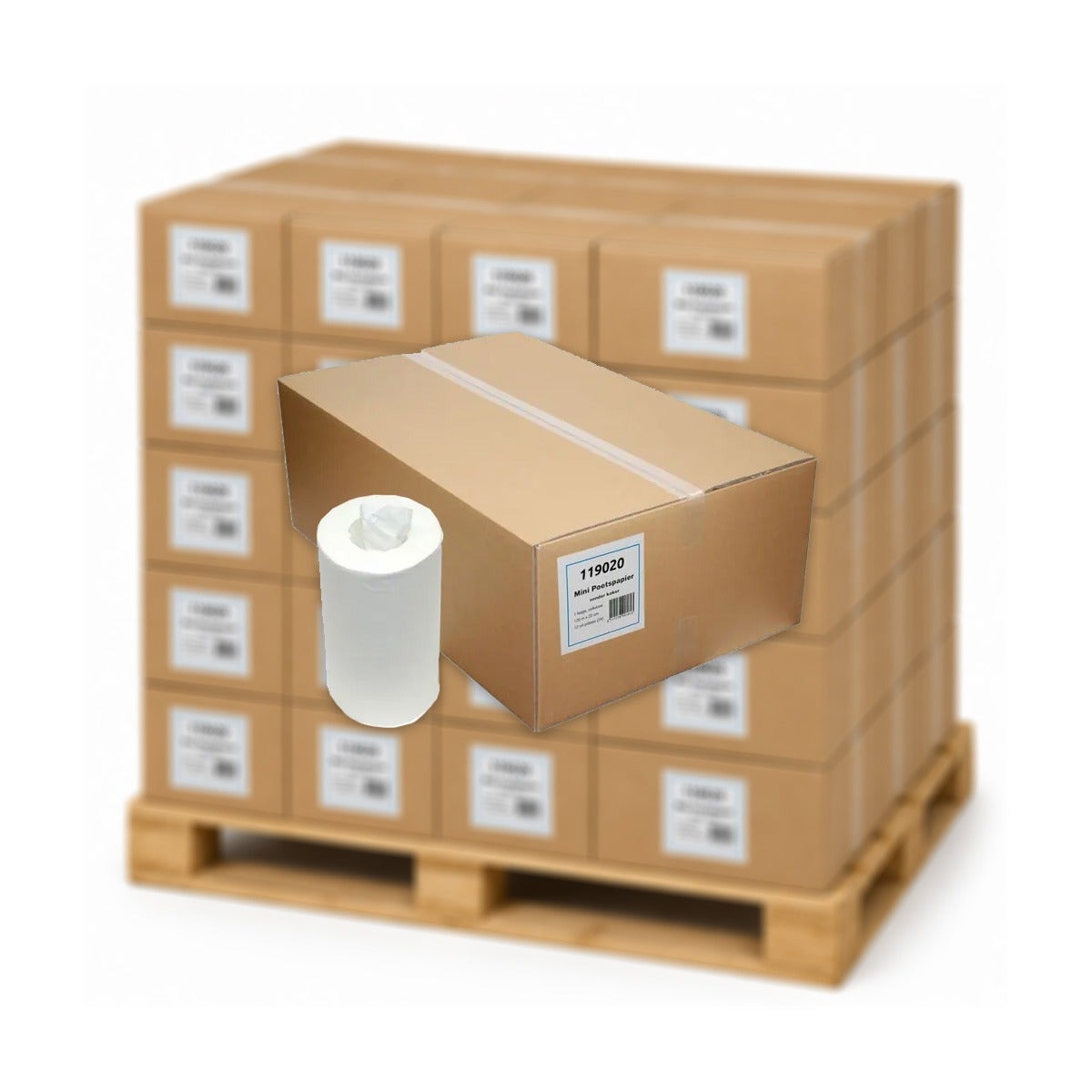 Pallet poetspapier Minirollen kokerloos cellulose 1-laags 120m x 20cm - 44 dozen
