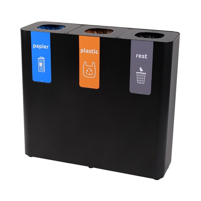 Afvalbak Pure 3x60 liter zwart met afvalstroomstickers - papier, plastic en restafval