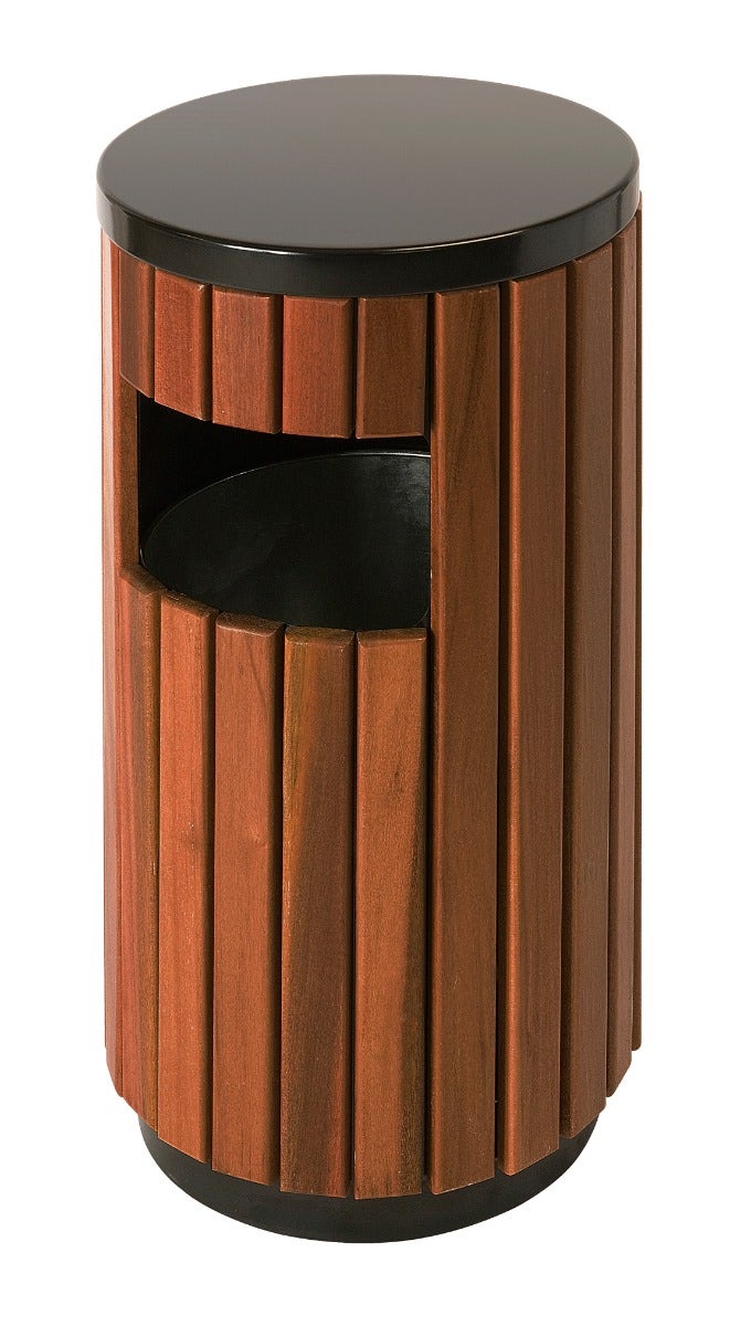 Buitenafvalbak rond 33 liter houtlook met zwart deksel en frontinworp