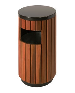 Buitenafvalbak rond 33 liter houtlook met zwart deksel en frontinworp