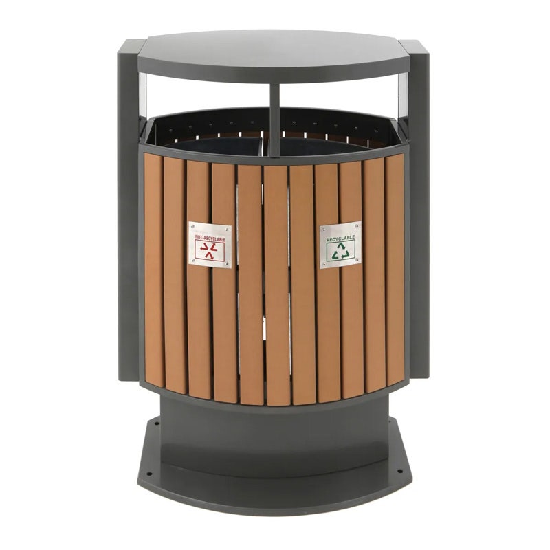 Buitenafvalbak met houtlook voor afvalscheiding 2 stromen