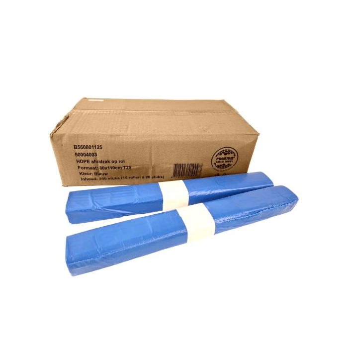 Afvalzakken 80x110cm T25 HDPE Blauw – Doos 15 rollen à 20 stuks