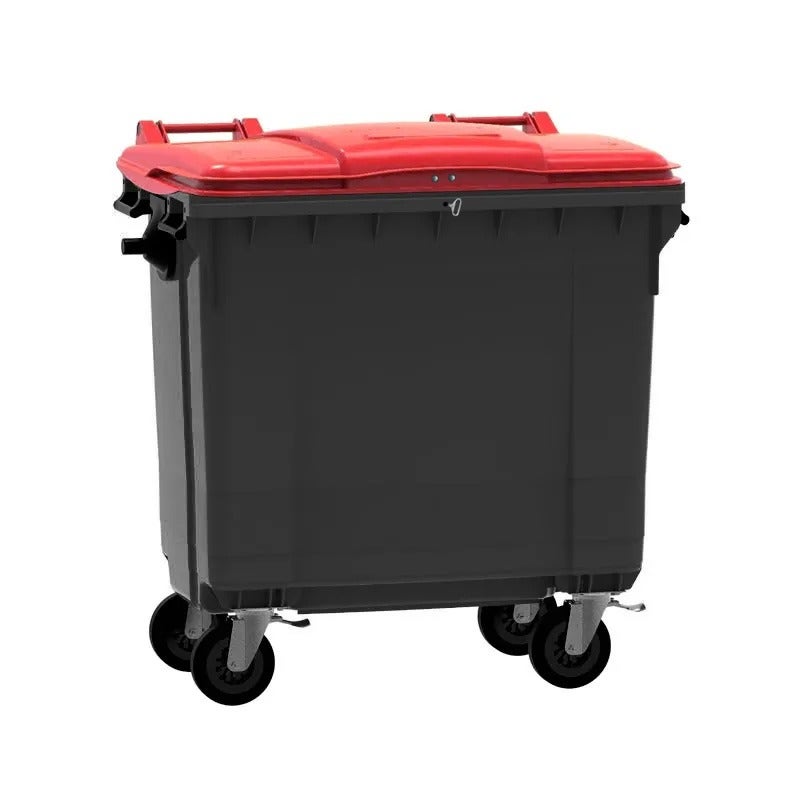Afvalcontainer 770 liter grijs met rood deksel en driekantslot