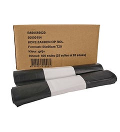 Afvalzakken 55x60cm T20 HDPE grijs - Doos 500 stuks