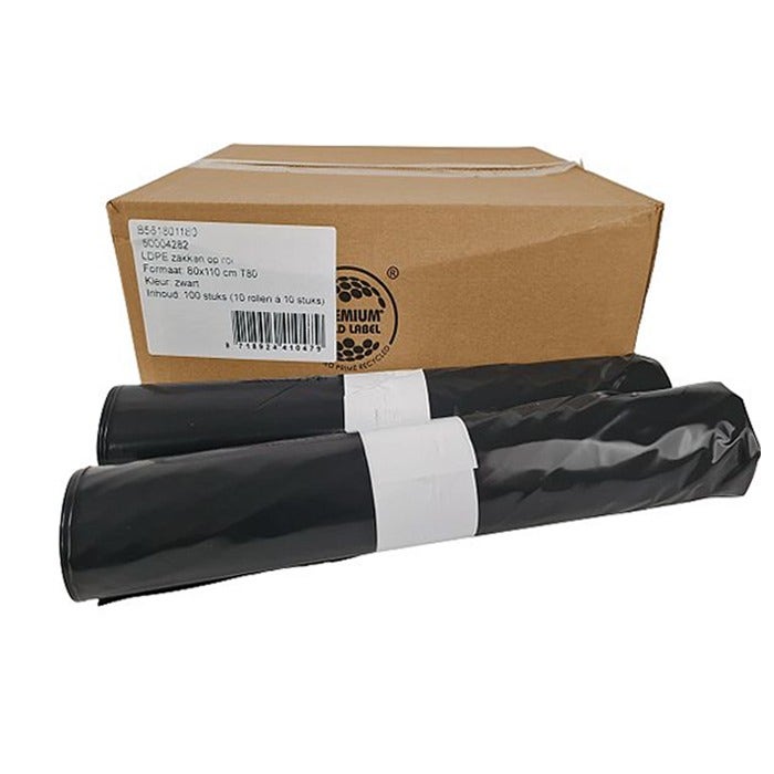 Afvalzakken 80x110cm T80 LDPE zwart - Doos 10 rollen à 10 stuks | Extra sterk