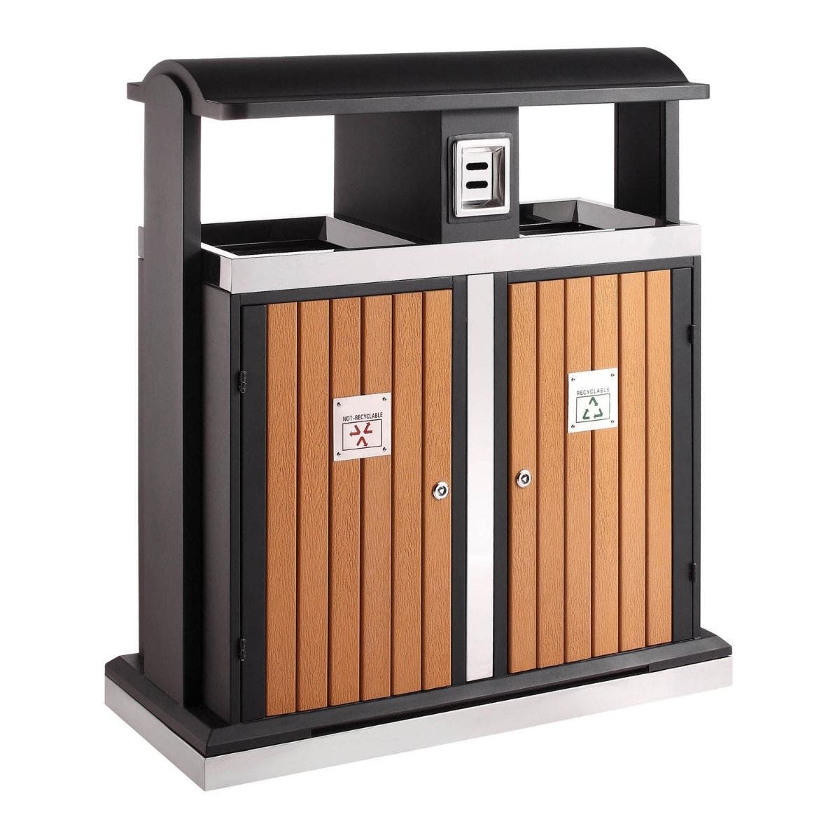 Buitenafvalbak met houtlook voor afvalscheiding 2 stromen