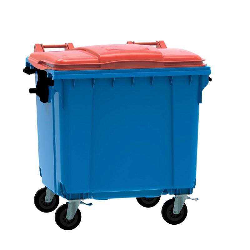 Afvalcontainer 1100 liter blauw met rood deksel vlak