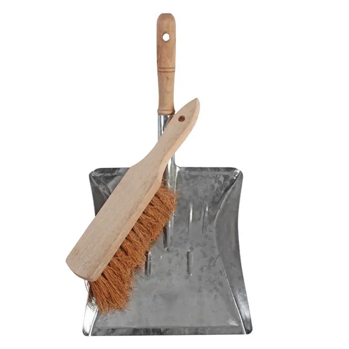 Stoffer en blik country zilver - Metalen blik en stoffer met zachte cocos haren