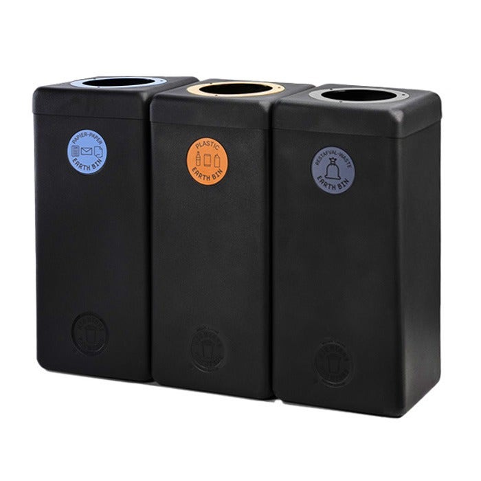 EarthBin trio afvalbak 3x60 liter zwart papier, plastic, restafval