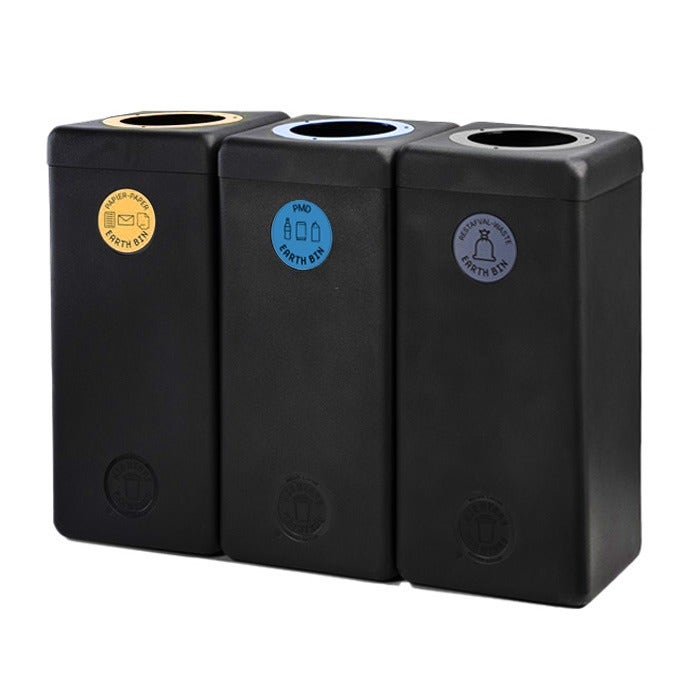 EarthBin trio afvalbak 3x60 liter zwart papier, PMD, restafval