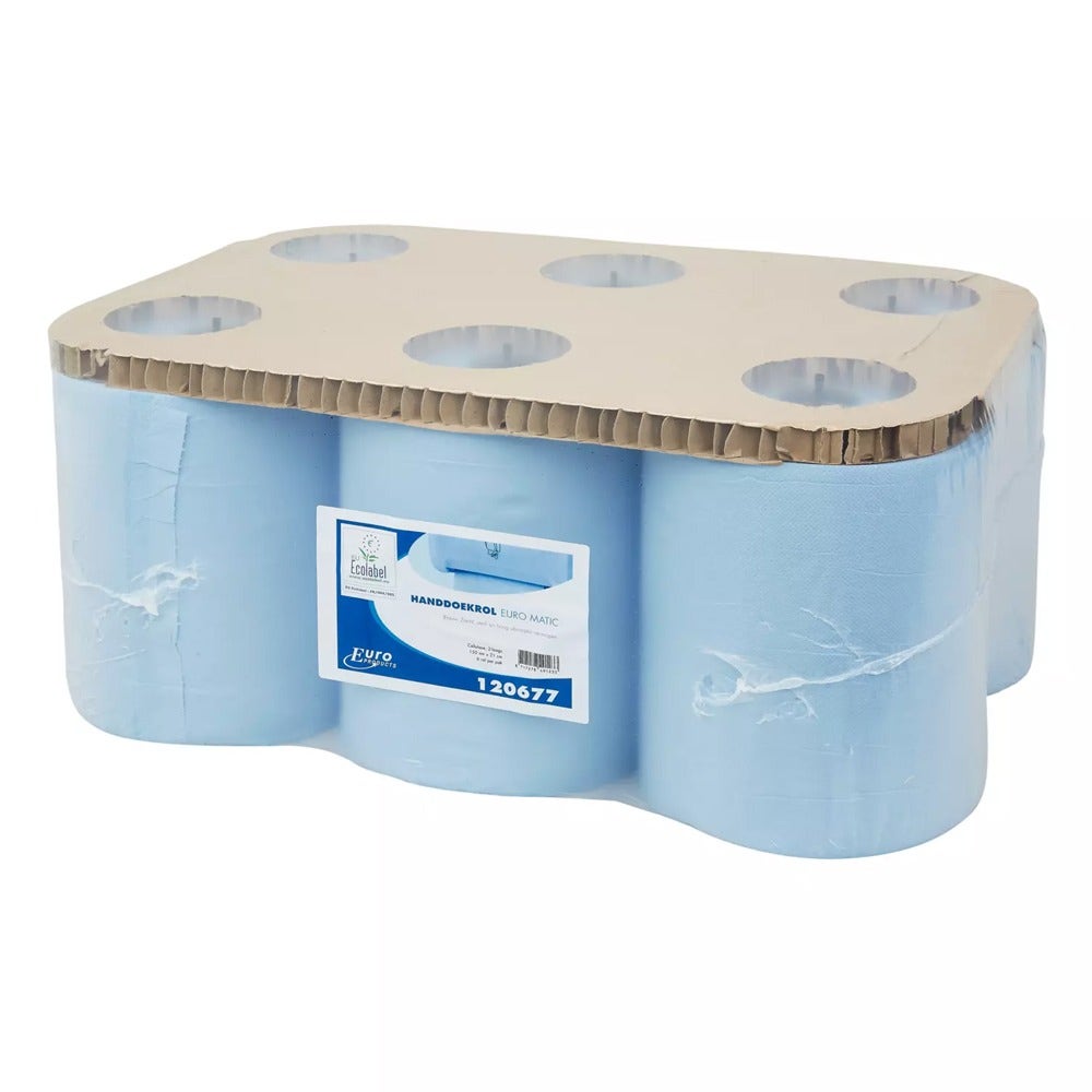 Euro Matic handdoekrol cellulose blauw 2-laags 150 meter - Pak 6 rol - 120677
