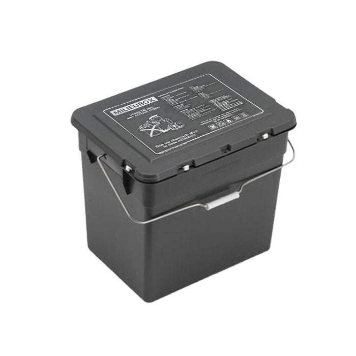 Grijze milieubox 30 liter voor klein chemisch afval met opdruk. 