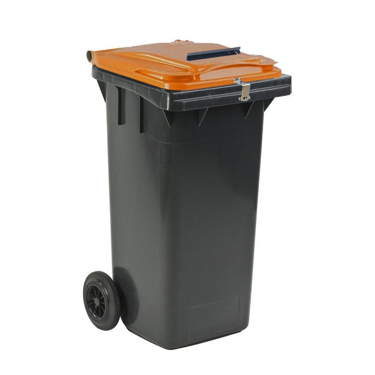 Minicontainer 120 liter grijs met oranje deksel met RVS klep en hangslotvoorziening