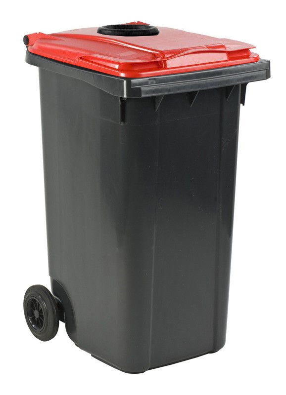 Afvalcontainer 240 liter grijs met rood deksel met glasrozet

