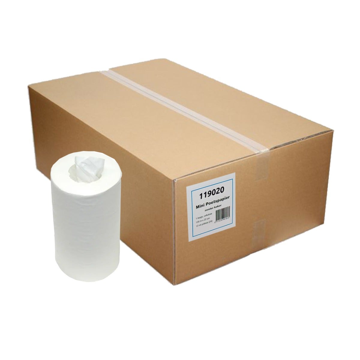 Poetspapier  Minirollen cellulose kokerloos 1-laags 120 meter x 20cm - Doos 12 rol - 119020