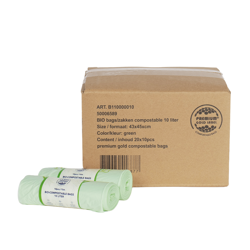 Biozakken 10 liter melkwit groen 43x45cm - Doos 20 rollen à 10 stuks 