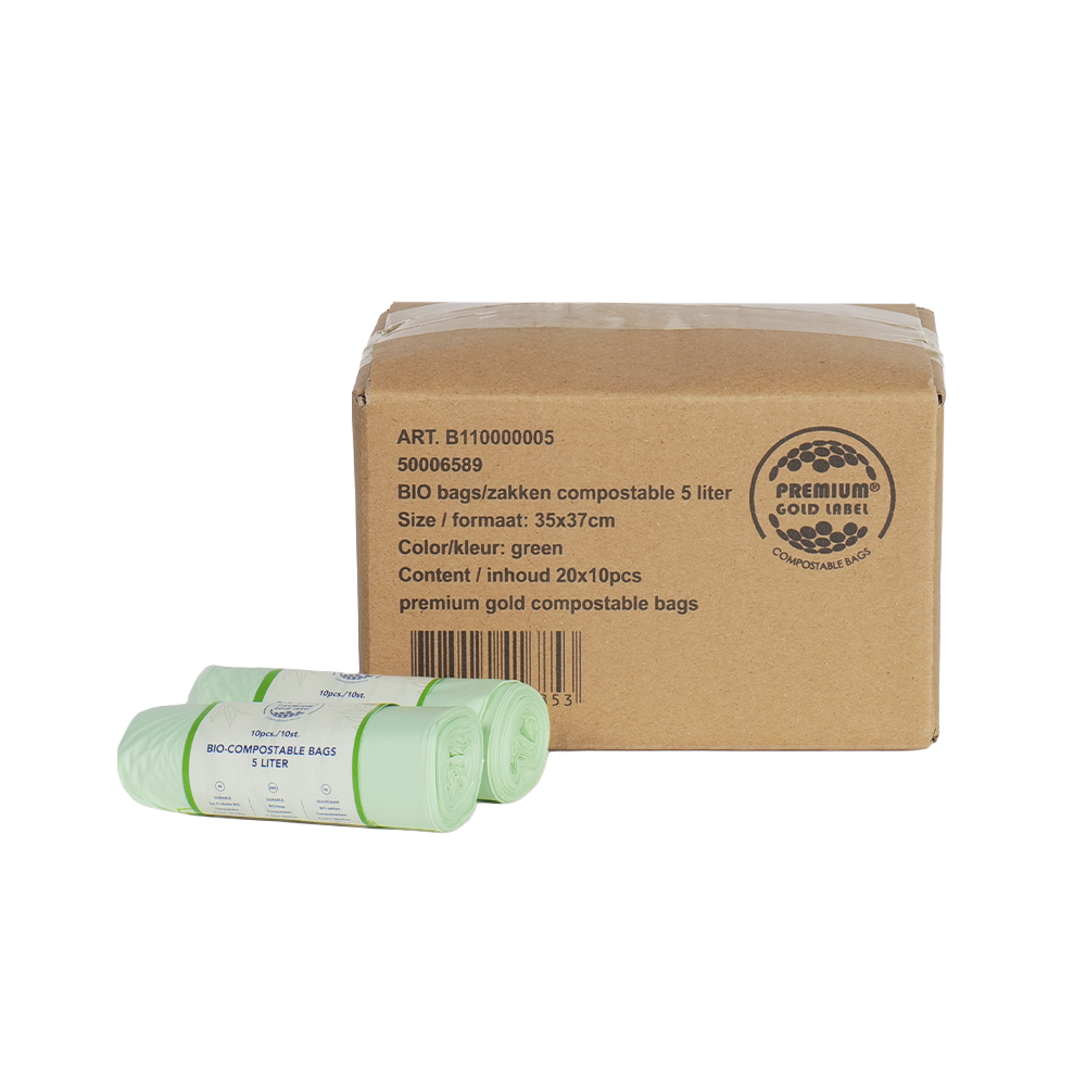 Biozakken 5 liter melkwit groen 35x37cm - Doos 20 rollen à 10 stuks 