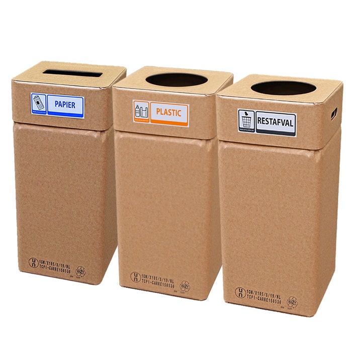 Trio afvalbox karton 3x105 liter - Papier, Plastic, Rest