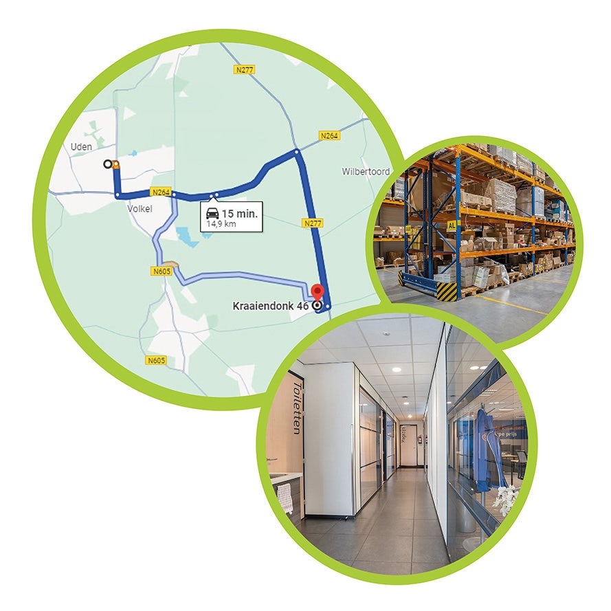 Afbeeldingen van het magazijn, kantoor en google maps